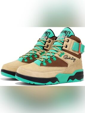 Patrick Ewing Men’s High-Top Sneakers in Tan and Teal